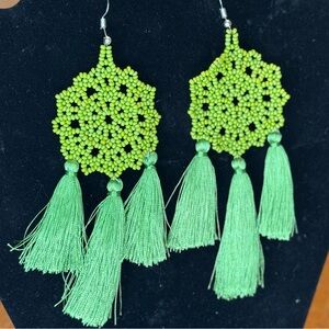 Elegant Green Beaded Tassel Earrings